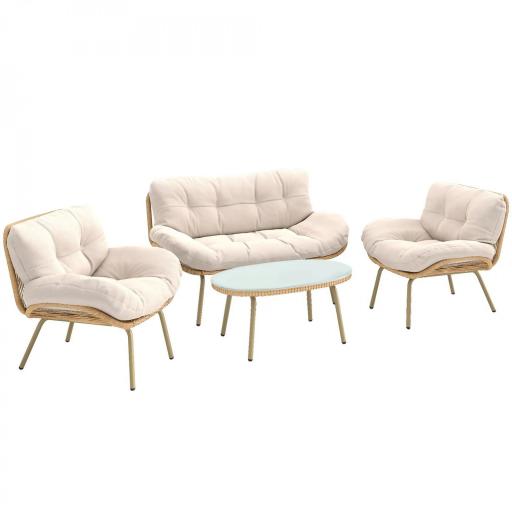 Conjunto de Muebles de Jardín de Rattán de 4 Piezas con Cojines Sofá 2 Sillones y Mesa de Centro Beige [8]