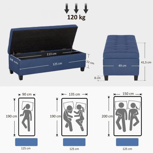 Banco de Almacenamiento Puff de Almacenaje Taburete Tapizado en Lino con Tapa Abatible para Entrada 125x49x41,5 cm Azul [1]