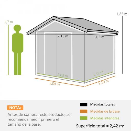 Caseta de Jardín Exterior con Base de Refuerzo Sin Suelo 213x130x185 cm con 2 Puertas Correderas y 4 Ventanas Marrón [1]