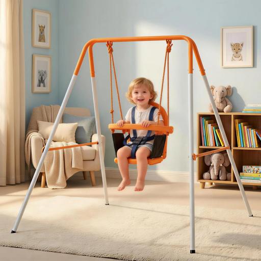 Columpio para Bebés Columpio Jardín Exterior de Acero con Respaldo Cinturón de Seguridad Carga 25 kg Naranja
