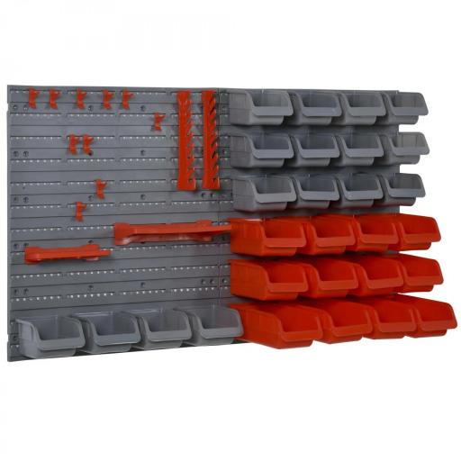 Estantería de Pared para Herramientas de 44 Piezas 95x54 cm con 28 Cajas Apilables y Diferentes Ganchos Gris y Rojo [2]