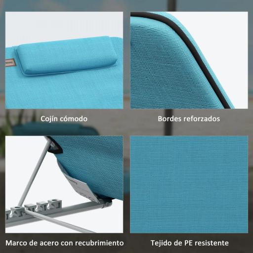 Conjunto de 2 Esterillas con Respaldo Reclinable en 5 Niveles Reposacabezas y Bolsa de Transporte 134x48x33-43 cm Azul [5]