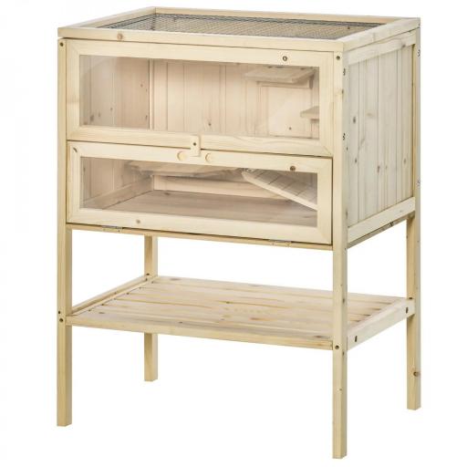 Jaula de Madera para Hámster Ratones Casa de Juegos con 5 Plataformas Rampa Techo Abatible Ventana Cristal Plástico y Estante Inferior 60x40x80 cm Natural [7]