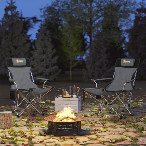 Conjunto de 2 Sillas Plegables Camping con Reposapiés Desmontable Reposacabezas Portavasos y Bolsa 125x48x90 cm Gris [6]