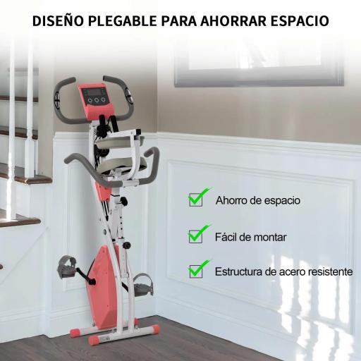 Bicicleta Estática Plegable 3 en 1 con Respaldo y 8 Niveles Resistencia Magnética, Bicicleta Estática para Casa Ajustable con Monitor LCD Volante Banda Sensor de Pulso Soporte de Teléfono Rosa [3]
