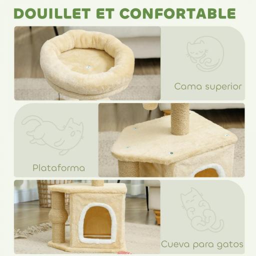Árbol para Gatos Altura 66 cm Torre para Gatos con Cama Cueva Plataforma Bola Colgante y Poste de Yute Beige [3]