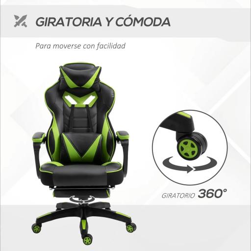 Silla Gaming Ergonómica Silla de Escritorio de Oficina Regulable en Altura Reclinable Respaldo con Reposapiés Reposacabezas Cojín Lumbar Ruedas 65x70x118,5-128,5 cm Verde [1]