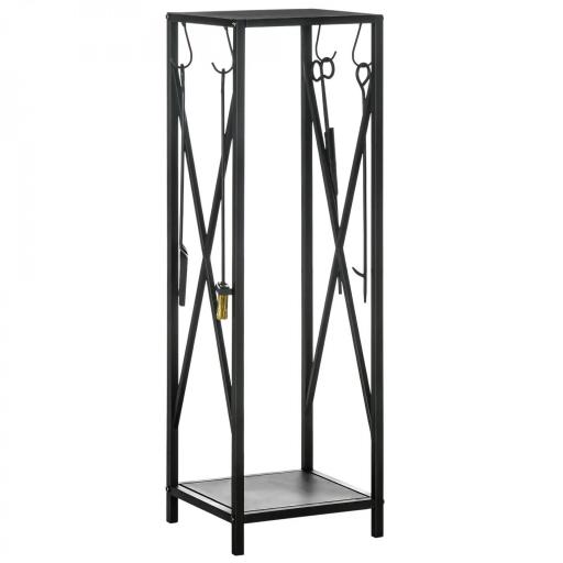 Estante de Leña Metálico Leñero de Exterior con Ganchos Pala Cepillo Atizador y Tenazas Carga 65 kg 34x34x111 cm Negro [10]