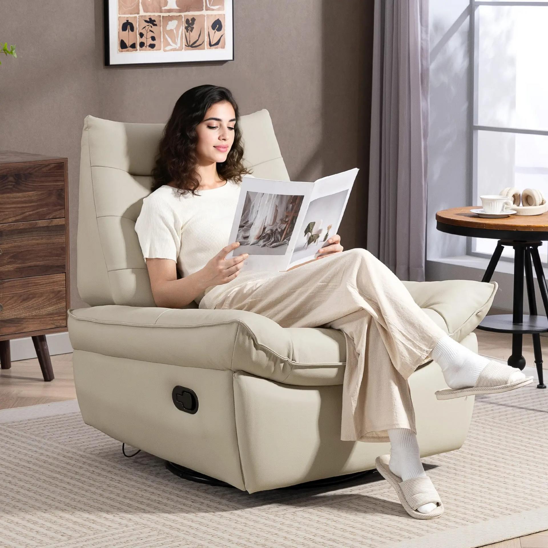 Sillón Relax Reclinable Giratorio Función Balancín Tapizado en PU Reposapiés Asiento Amplio Acolchado Grueso Crema