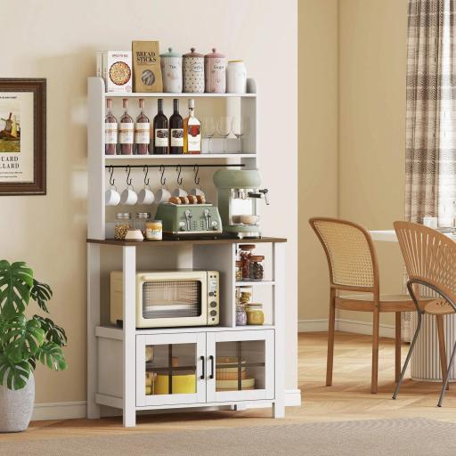 Alacena de Cocina con 6 Ganchos para Tazas 2 Puertas de Vidrio Estantes Abiertos 80x40x152 cm Blanco [3]
