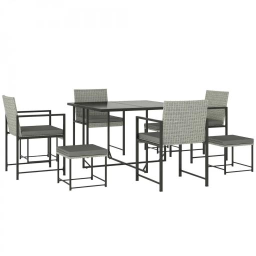 Conjunto de Jardín Exterior de 9 Piezas de Ratán Sintético con Mesa de Vidrio 4 Sillas y 4 Taburetes con Cojines Gris [9]
