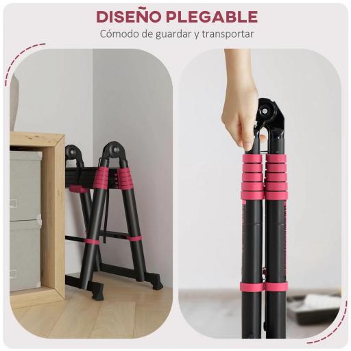 Escalera de Aluminio Plegable 2 Formas de Uso con 12 Escalones Antideslizantes Carga 150 kg 379x67,5x11 cm Negro y Rojo [7]
