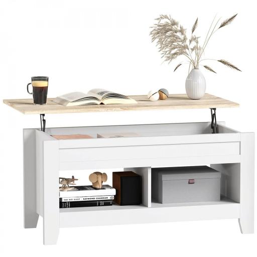 Mesa de Centro Elevable con Encimera Elevable y Espacio Oculto de Almacenaje 105x50x49 cm Blanco y Natural [8]