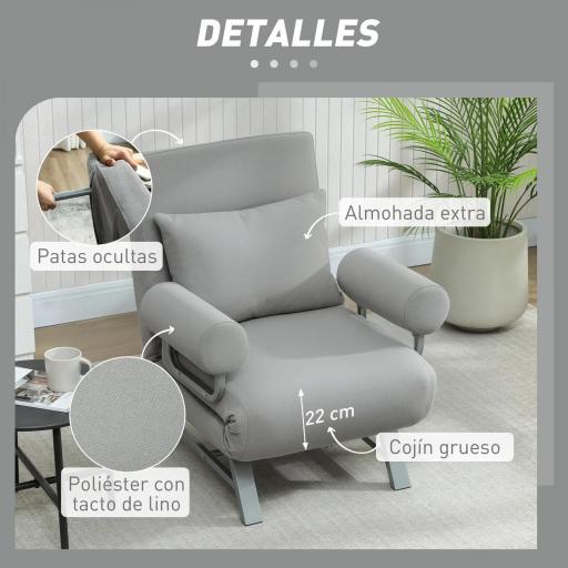 Sillón Cama Individual 3 en 1 Sofá Cama Plegable con Respaldo Ajustable y Cojín para Sala Dormitorio 73x78x81 cm Gris [4]