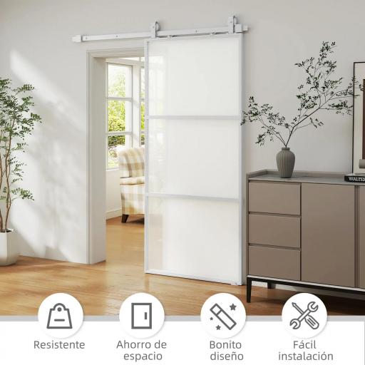 Puerta Corredera de Cristal con Herrajes Mecanismo Cierre Suave para Baño Salón 91,4x203,2 cm Blanco [6]