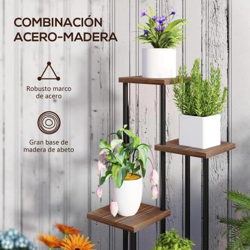 Soporte para Plantas de Madera y Acero de 3 Niveles con 5 Estantes Cuadradas y 4 Ruedas 59x59x110 cm Carbonizado [3]