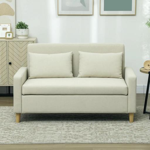 Sofá de 2 Plazas Tapizado en Lino Sintético con Espacio de Almacenaje 2 Almohadas y Patas de Madera 135x71x84 cm Beige [7]