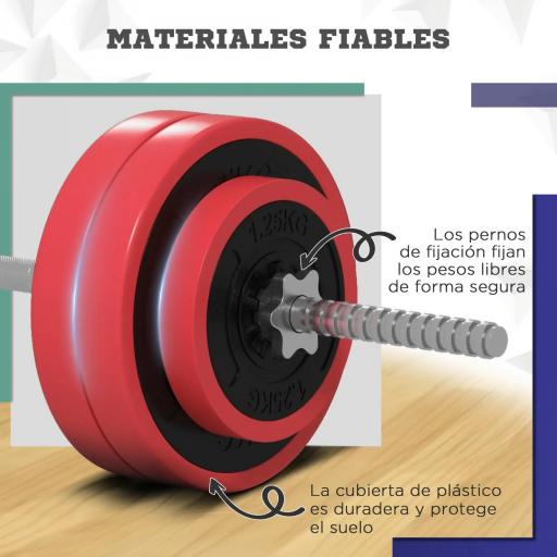 Set de Musculación con 1 Barra y 6 Discos Barra de Pesas 30 kg con Mancuernas para Entrenamiento 170x26x26 cm Rojo [5]