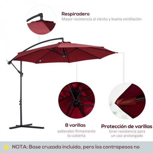 Sombrilla de Jardín Ø295 cm Parasol Excéntrico Inclinable con Manivela Base Cruzada y Soporte de Acero Granate [4]