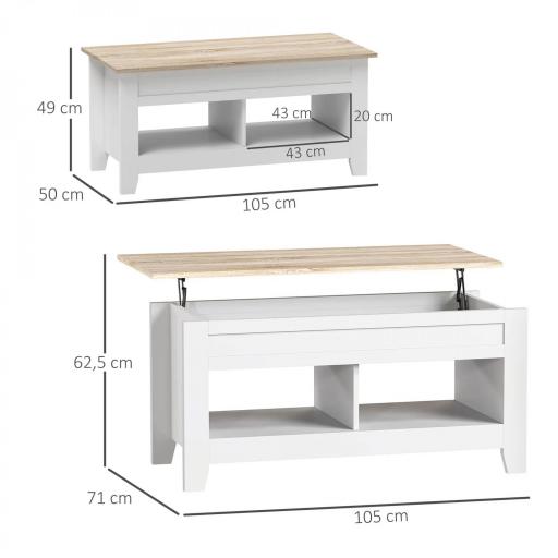 Mesa de Centro Elevable con Encimera Elevable y Espacio Oculto de Almacenaje 105x50x49 cm Blanco y Natural [1]