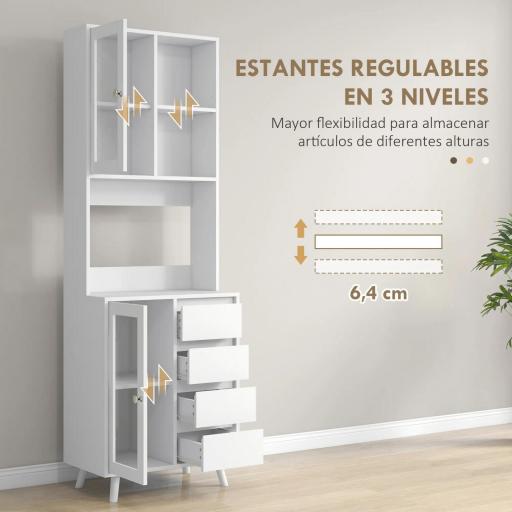 Alacena de Cocina Aparador con 2 Puertas de Vidrio Compartimentos 4 Cajones y Estantes Ajustables 60x35x180 cm Blanco [4]