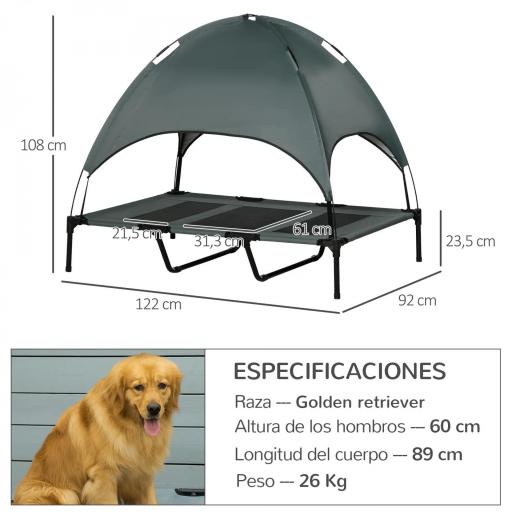Cama Elevada para Mascotas Portátil con Toldo Extraíble Tela Transpirable al Aire Libre para Interior y Exterior 122x92x108 cm Gris [1]