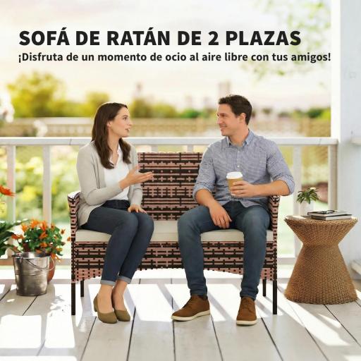 Sofá Exterior de Ratán de 2 Plazas Sofá Exterior de Jardín con Cojín Lavable Estructura de Acero para Balcón Caqui [2]