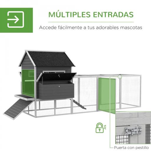 Gallinero de Exterior de Madera para 8-10 Gallinas con 2 Nidos Bandeja Extraíble y Rampa 347x160x150 cm Gris y Blanco [2]