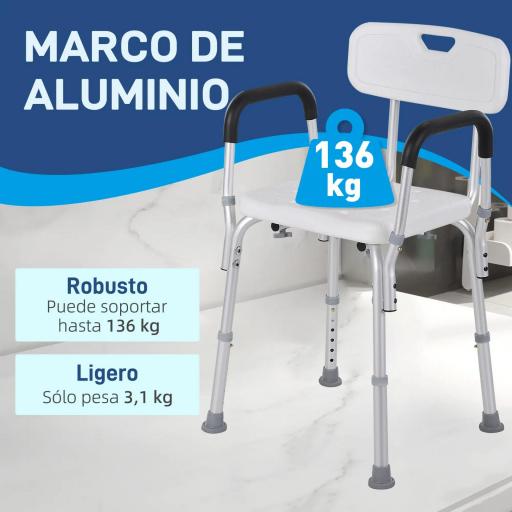 Silla para Ducha Taburete de Ducha Antideslizante con Altura Ajustable y Reposabrazos Regulable Carga 136 kg [1]