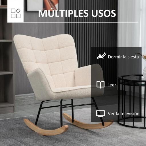 Silla Mecedora de Borreguito Sillón Balancín Oscilante 40° con Patas de Madera de Haya Carga 120 kg 71x98x101 cm Beige [4]