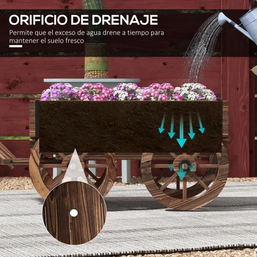 Jardinera de Madera Exterior en Forma de Carrito con 4 Ruedas y Mango para Balcón Jardín Patio 120x41x54 cm Carbonizado [5]