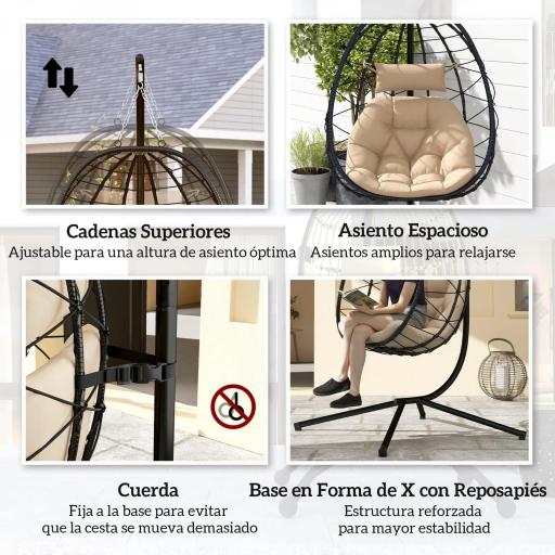 Silla Colgante Huevo con Soporte con Cesta Plegable Cojín y Reposacabezas para Interior y Exterior Carga 120 kg Caqui [3]