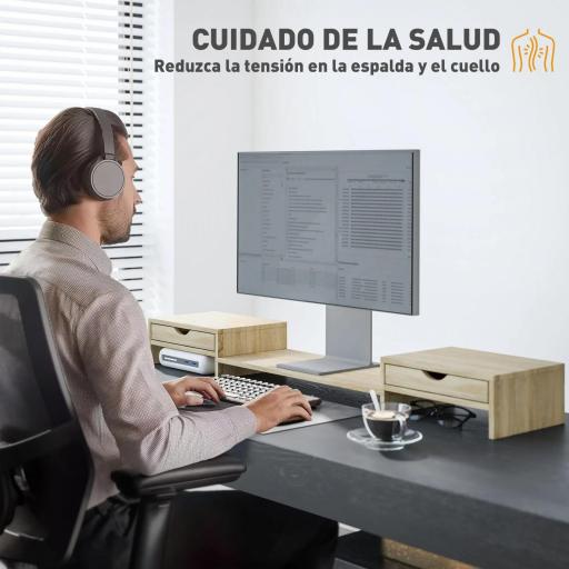 Elevador Monitor Ángulo y Longitud Ajustable con 2 Cajones para Portátil Computadora PC 60-116x22x12 cm Roble [7]