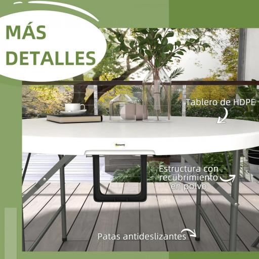 Mesa Auxiliar Redonda Mesa de Jardín Plegable con Marco de Acero y Encimera de HDPE Carga 80 kg Ø122x73 cm Blanco [3]