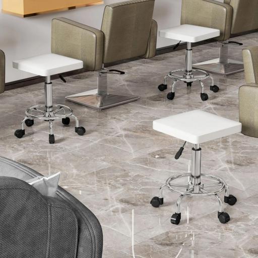 Taburete Giratorio Ajustable Con Asiento Acolchado Reposapiés y Ruedas para Salones y Talleres 34x34x50-66 cm Blanco [2]