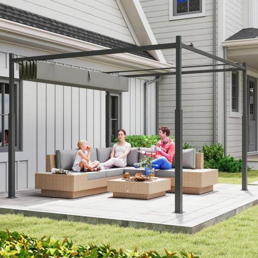 Pérgola de Jardín 3x3 m con Techo Retráctil y Accesorio Magnético Protección UV30+ Columnas Metálicas y Ganchos Gris [3]