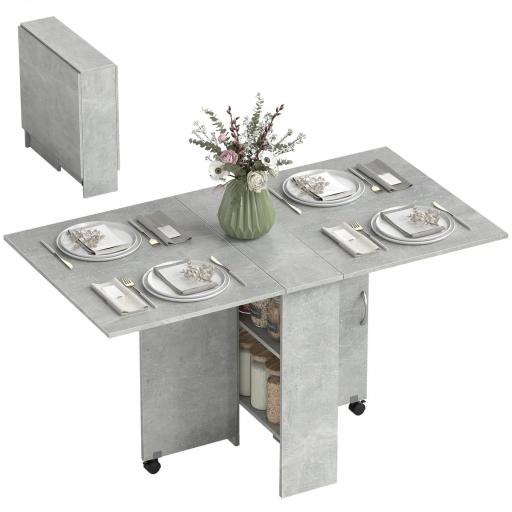 Mesa de Cocina Plegable con Ruedas 2 Estantes de Almacenaje y 2 Alas Abatibles Estilo Moderno 75x140x74 cm Gris Cemento [9]