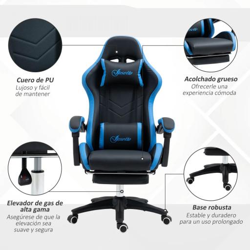 Silla Gaming Silla Gamer de Cuero PU Reclinable 135° Reposacabezas y Reposapiés 65x65x121-129 cm Negro y Azul [2]
