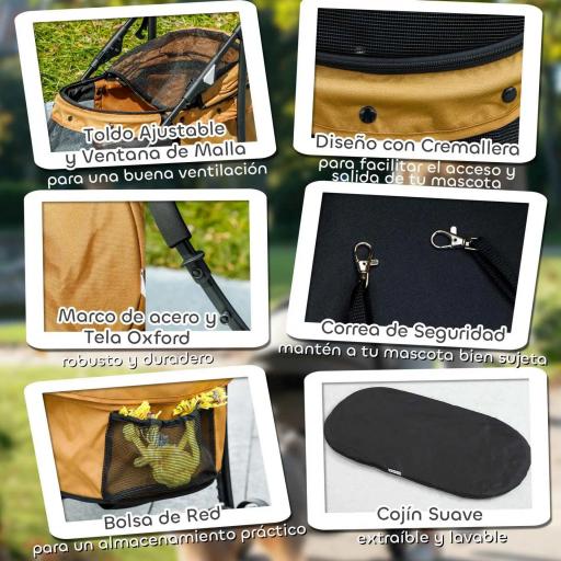 Cochecito para Perros Pequeños Plegable con Ventanas de Malla Cojín Lavable Correas de Seguridad y Marco de Acero Café [1]