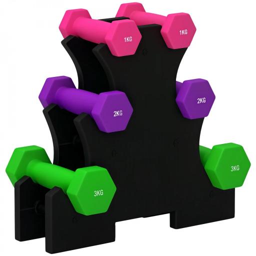Set de Mancuernas Hexagonal 2 x1kg 2 x2kg 2 x3kg con Soporte de Almacenamiento para Entrenamiento en Casa Multicolor [9]