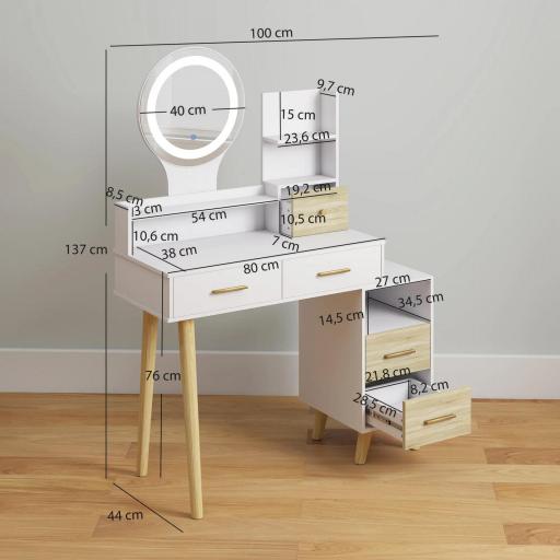 Tocador con Espejo y Luces LED Ajustables con 5 Cajones 4 Compartimentos y 1 Estante 100x44x137 cm Blanco y Natural [1]