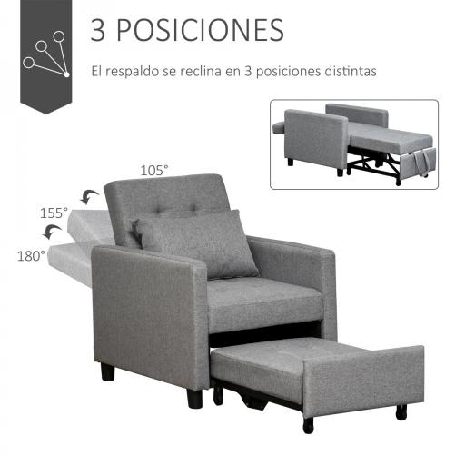 Sofá Cama de 1 Plaza Tapizado en Lino con Respaldo Ajustable de 3 Niveles y Almohada Acolchada 69x82,5x84 cm Gris [5]