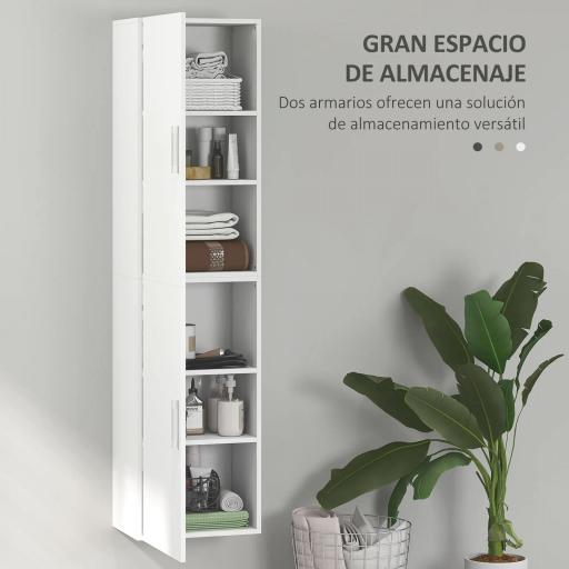 Columna de Baño de Pared con Estantes Ajustables y 2 Puertas Mueble de Baño Moderno 40x30x160 cm Blanco [9]