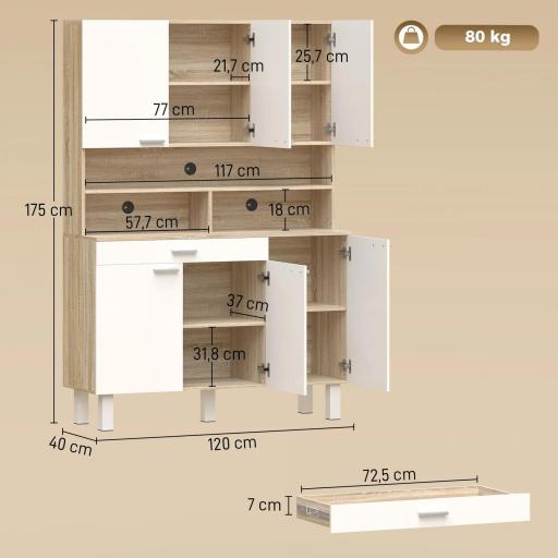 Alacena de Cocina Alta con 6 Puertas y Gran Cajón Estantes Encimera Amplia para Microondas 120x40x175 cm Blanco [1]