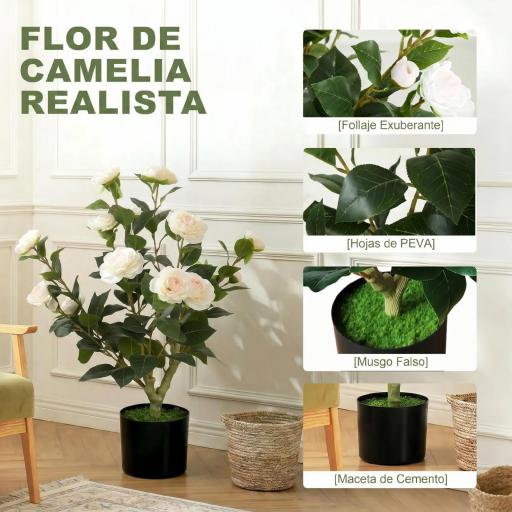 Planta Artificial de Camelia 65cm Árbol Artificial en Maceta con Flores de Seda Realistas 116 Hojas Efecto Musgo Blanco [5]
