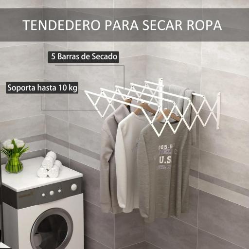 Tendedero de Pared Extensible de 63,5 cm Tendedero de Ropa de Metal con 5 Barras para Interior y Exterior Baño Balcón Carga 10 kg 63,5x60x20 cm Blanco [5]