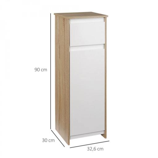 Armario Auxiliar de Baño con 1 Cajón y 1 Puerta Mueble Auxiliar de Baño para Salón Aseo Dormitorio Estilo Moderno Antivuelco 32,6x30x90 cm Blanco y Natural [1]