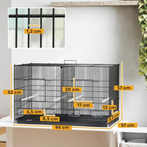 Jaula para Pájaros con Divisor 4 Comederos 4 Perchas Bandeja Extraíble para Loros Canarios Periquitos 94x57x57 cm Negro [1]