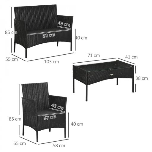 Conjunto de Jardín de Ratán Sintético con 2 Sillones 1 Sofá de 2 Plazas 1 Mesa de Centro y Cojines Negro y Crema [1]