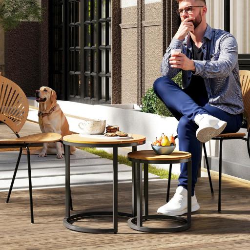 Juego de 2 Mesas de Jardín con Encimera de Madera de Acaica Diseño Listones con Marco de Acero y Pies Ajustables Teca